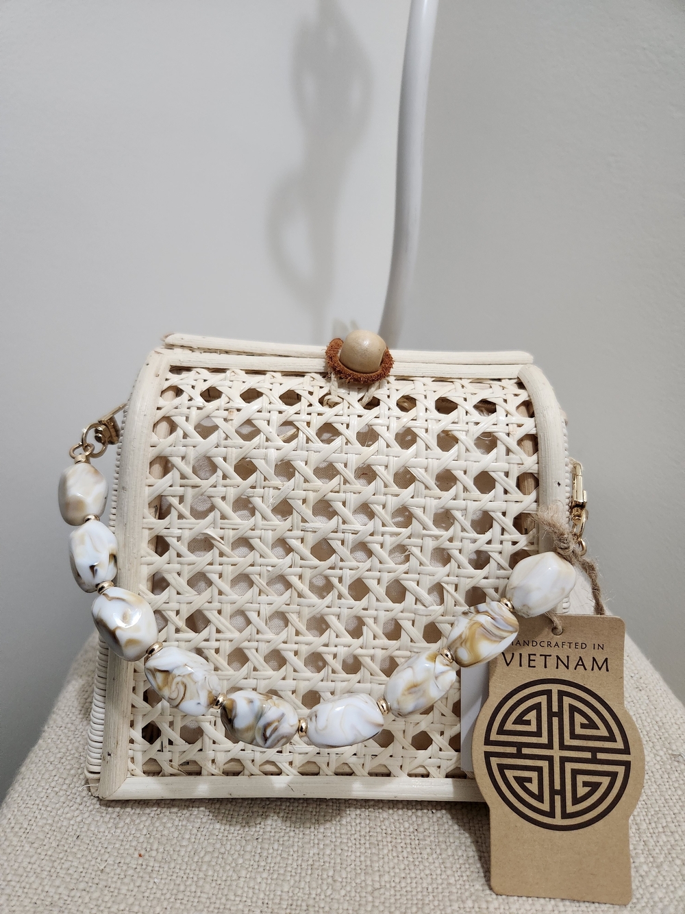 Handcrafted Cream Woven Crossbody Bag with Beaded Strap!